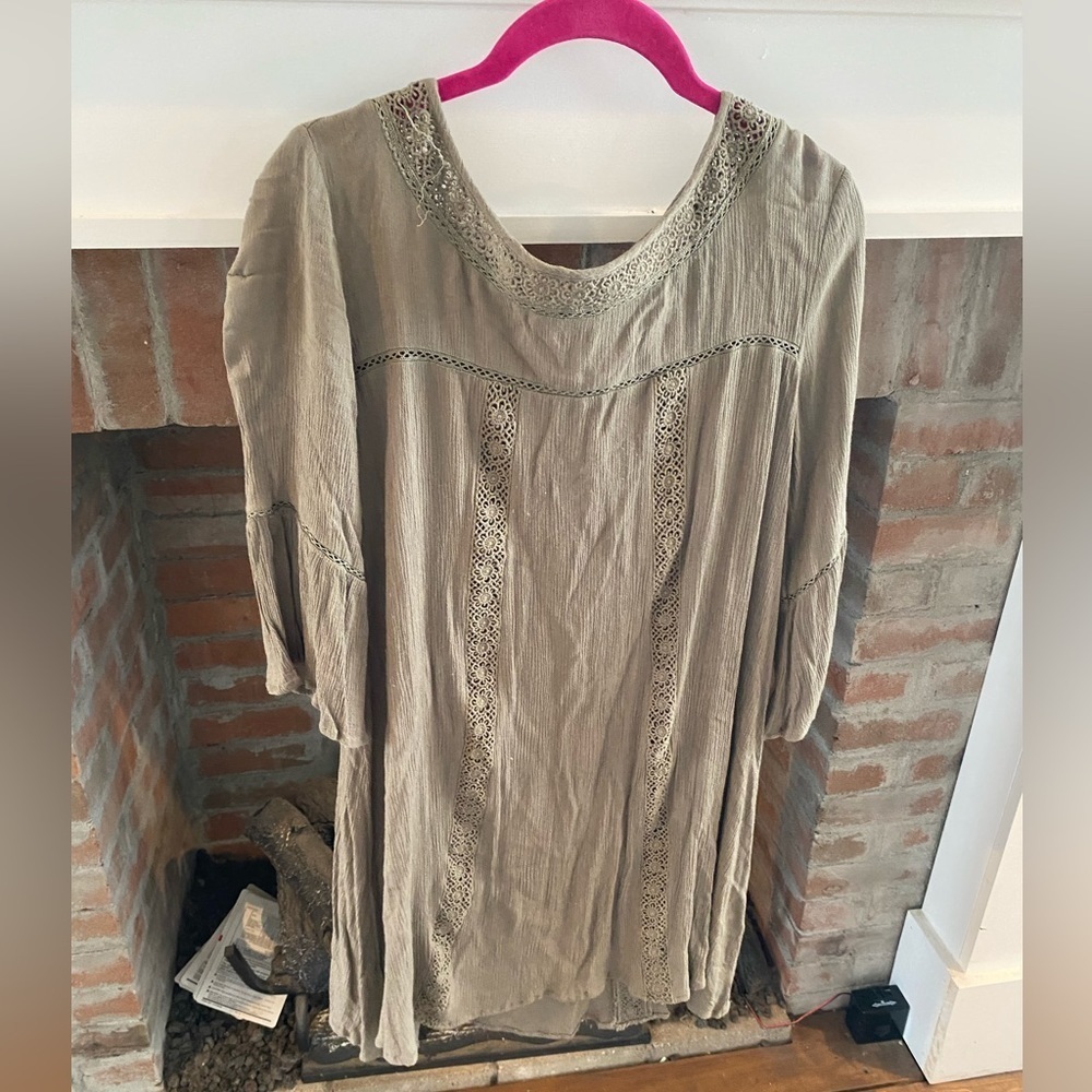 Altar’d State Olive Green Natural Bohemian lace Strips Mini Dress/Tunic size Med